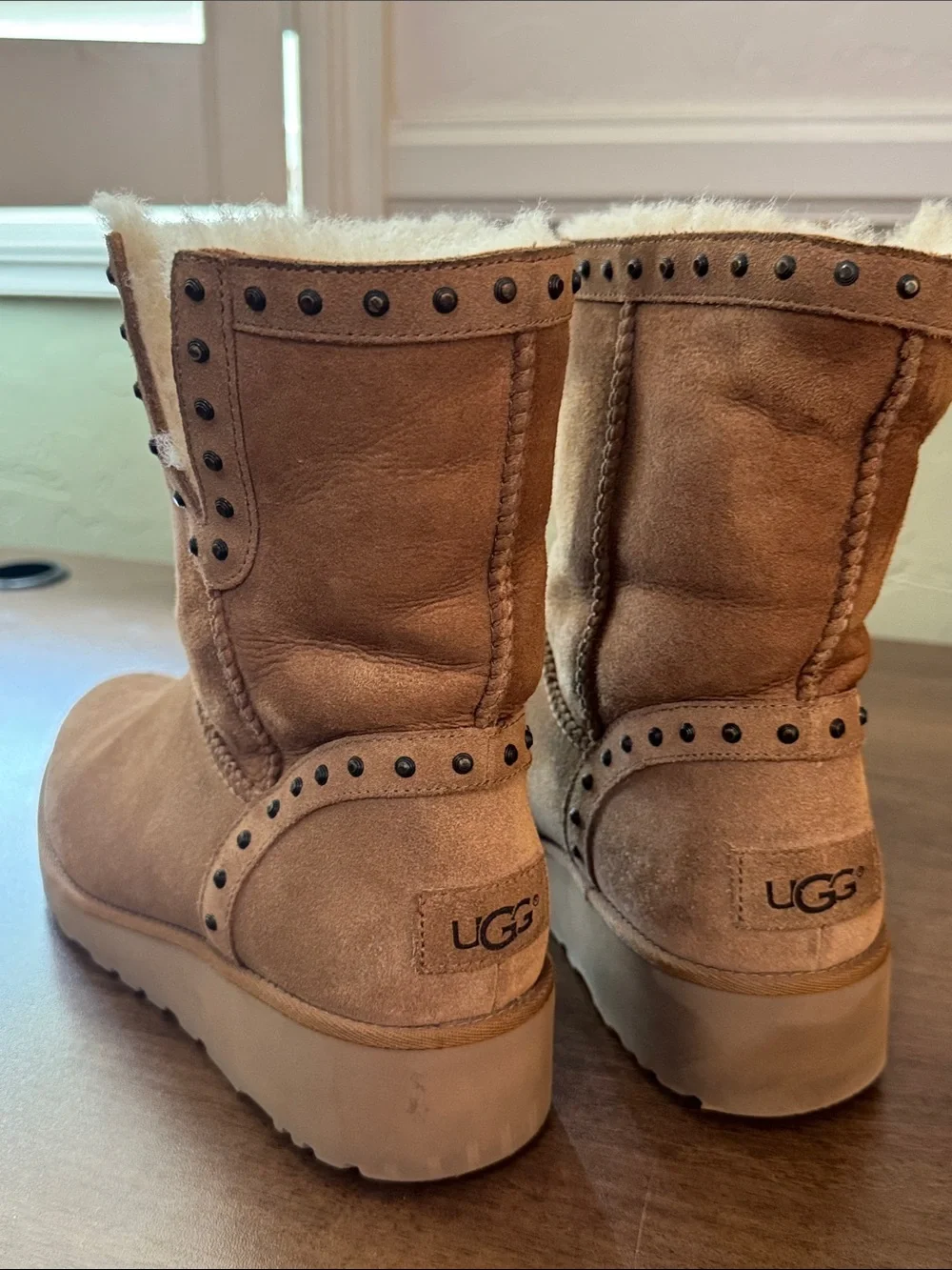 UGG Women’s Tan Suede Shearling-Lined Boots with Stud Detail, Sz. 8.5